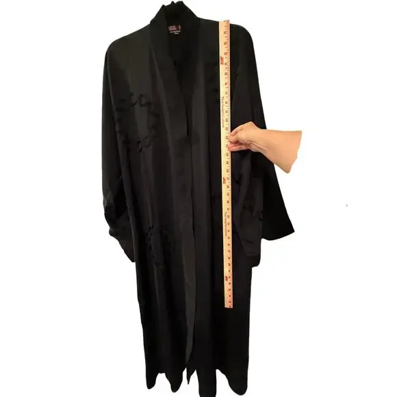 Vintage 70s Abaya Kimono Robe O/S Embroidered Longline Duster Jacket Black - Picture 7 of 11